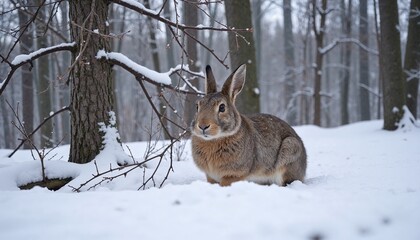 Obraz premium Hare Sitting on Snowy Ground in a Quiet Winter Forest
