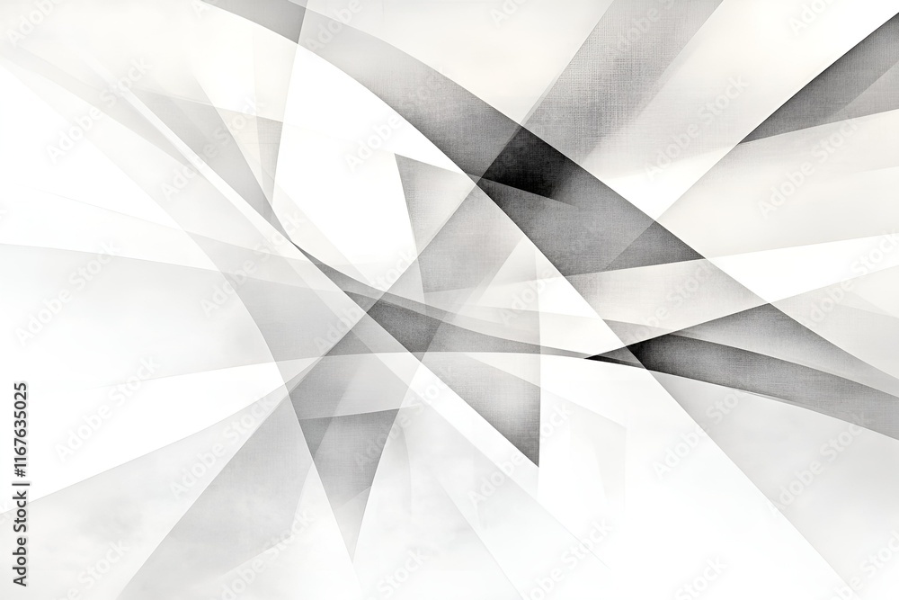 Poster an abstract geometric composition with overlapping black and white translucent shapes and subtle tex