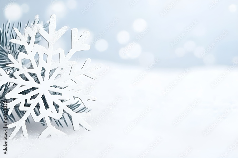 Poster white decorative snowflake resting on a frosty surface with soft bokeh lights in the background. coo