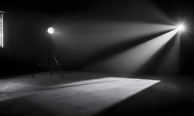 Two spotlights illuminating empty dark room with concrete floor