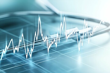 An abstract representation of a dynamic, fluctuating line graph displayed on a sleek, futuristic digital grid in cool blue tones. The sharp peaks and valleys symbolize the constant monitoring, progres