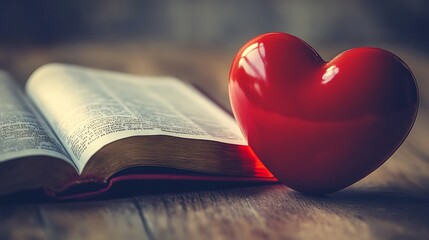 Red Heart Rests Beside Open Holy Book