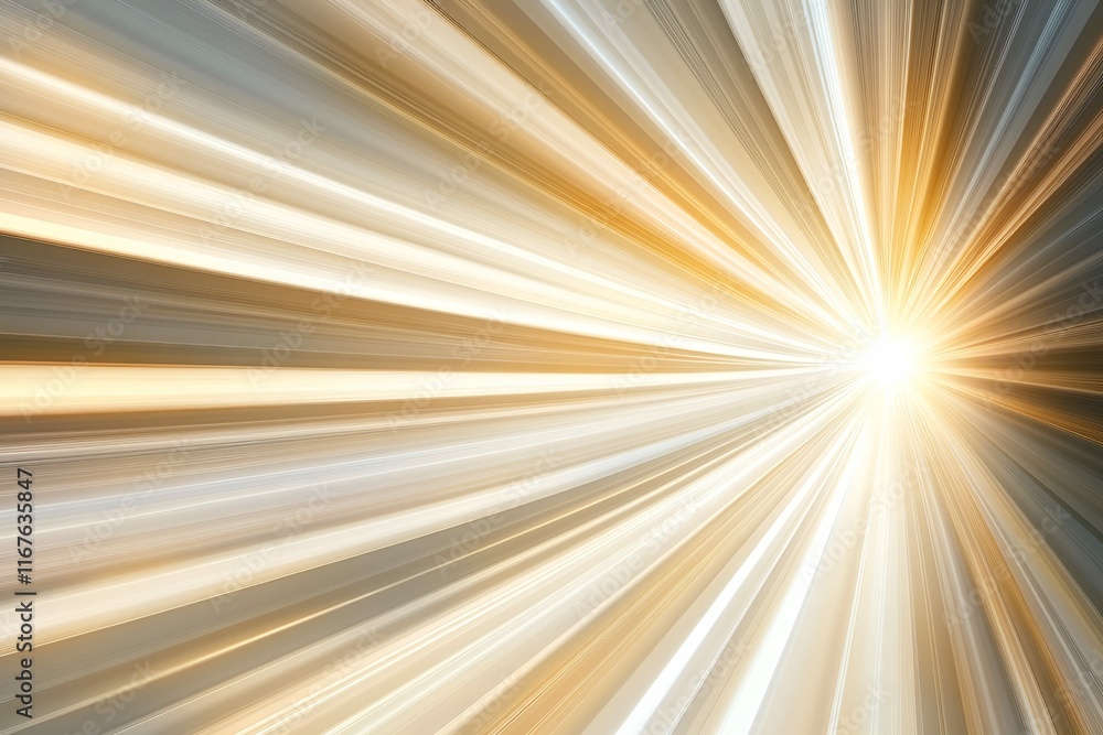 Poster an abstract image of glowing rays of light converging on a bright focal point in gold and white tone