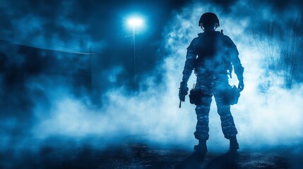 Fototapeta premium Personnel in Uniform Against Dim Industrial Background