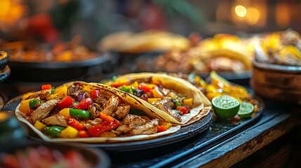 Close-up of Chicken Fajita Tortillas with Cheese, Chicken, Peppers, Lime, and Fresh Ingredients for Healthy Mexican Cuisine, Fast Casual Dining, and Meal Prep
