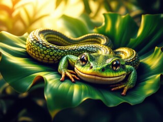 Obraz premium Whimsical Encounter: Snake and Frog on a Leaf