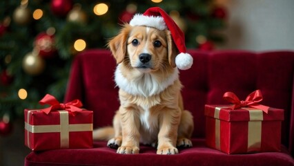 Christmas and New year background with A small dog is sitting on a red couch with two red boxes in front of it. The dog is wearing a Santa hat and he is enjoying the festive atmosphere