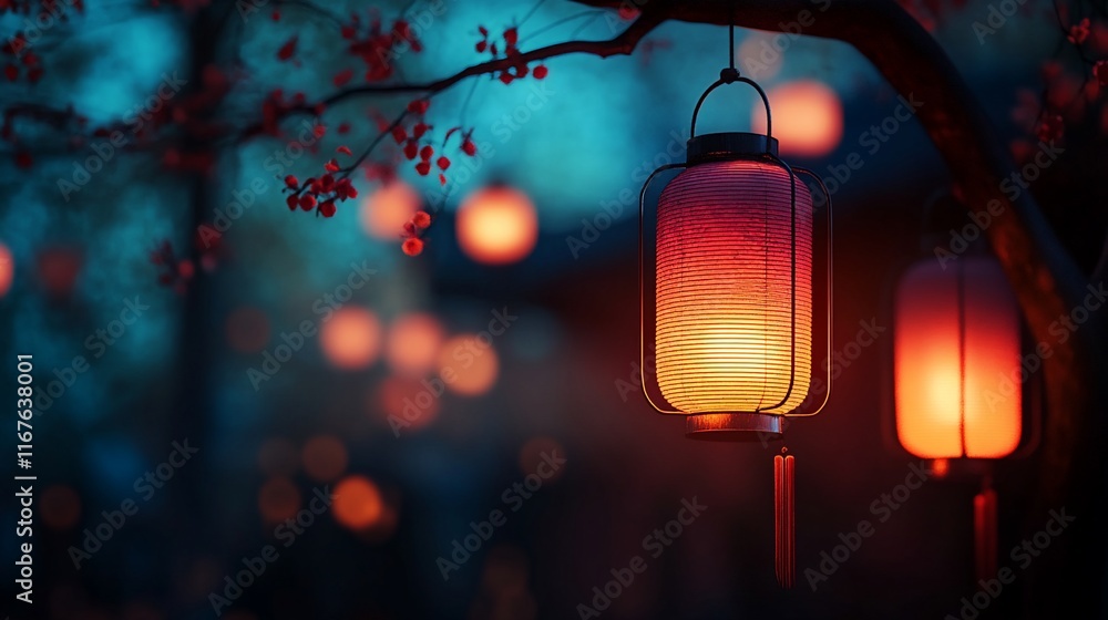 Poster illuminated lanterns hanging from a tree branch at night.