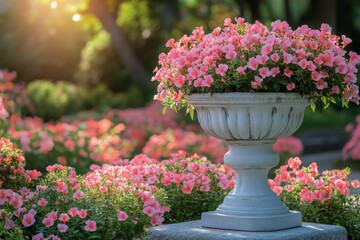 Beautiful pink flowers in a decorative pot illuminated by warm sunlight in a vibrant garden