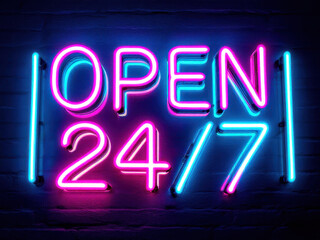 Neon sign displaying "open 24/7" for business