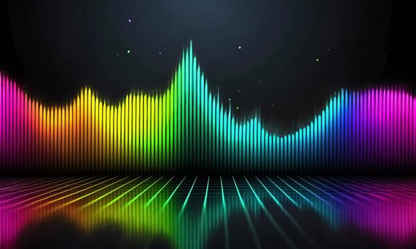 Abstract Rainbow Soundwave Visualization: A vibrant digital artwork depicting a colorful equalizer reflecting on a glossy surface, perfect for music, technology, or audio-related projects.