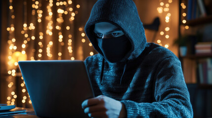 Obraz premium Cyber intruder engaging in hacking activities home office digital content nighttime close-up