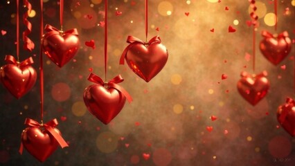 Valentine's day festive background with A bunch of red hearts hanging from a string. The hearts are tied with ribbons and are hanging from the ceiling. The scene is warm and romantic, with the red hea