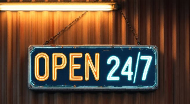 Illuminated open 24/7 neon sign for business promotion and night advertising