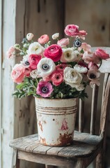 Freshly arranged ranunculus flowers in a rustic pot on a wooden chair indoors