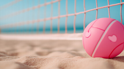 pink volleyball rests on sandy beach near heart themed net, evoking fun