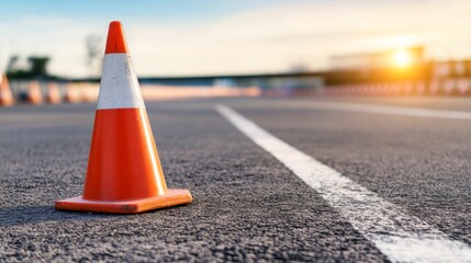 Safety Control Cone on Asphalt Road at Sunset