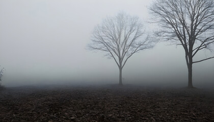 Two bare trees standing on a foggy morning in autumn