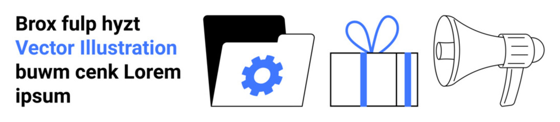 Folder with gear icon, wrapped gift box with ribbon, megaphone business management, marketing, communication, organization, events, customer engagement gifts and rewards. Ideal for presentations