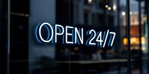 Neon sign displaying open 24/7 for retail or hospitality businesses