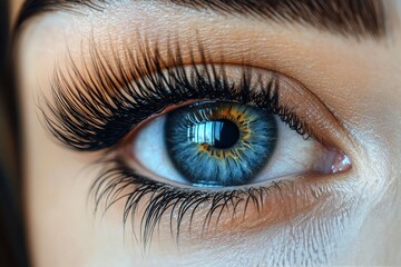 Obraz premium Intricate close-up of a human eye showcasing vibrant colors and detailed eyelashes
