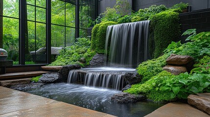 Indoor waterfall garden, sunroom, lush greenery, relaxing zen design, home decor