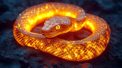 Fototapeta premium golden snake coiled around glowing crystal, radiating warmth and light