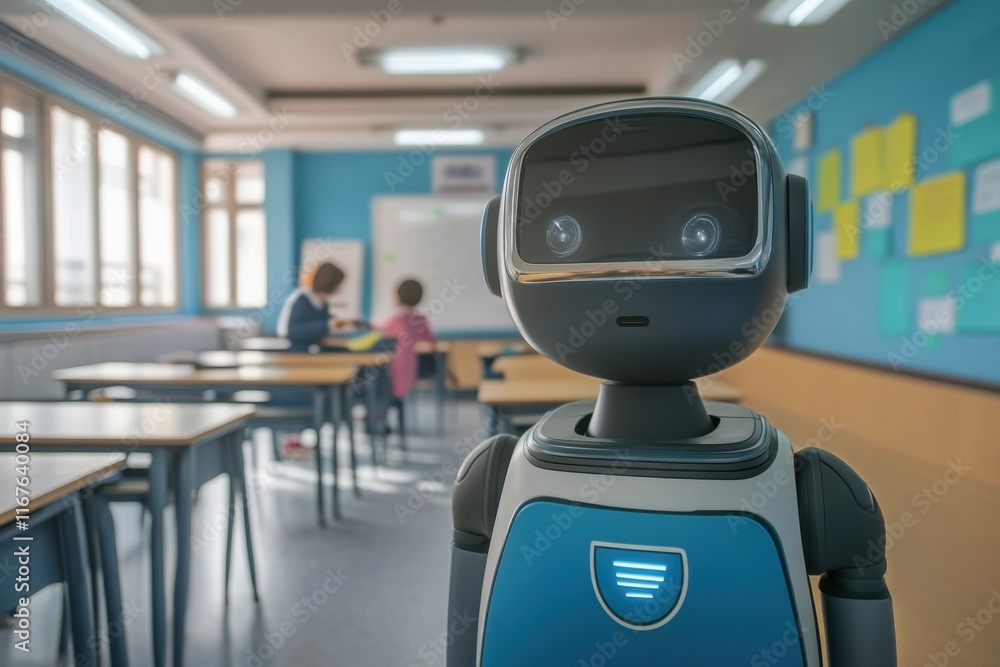Poster robot teaching assistant engages students in a modern classroom setting