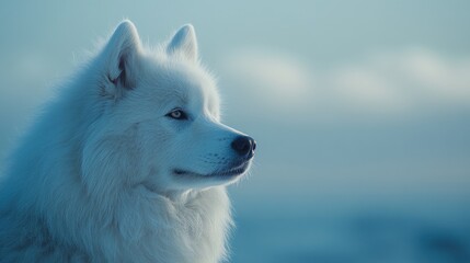 Obraz premium A serene close-up of a white Samoyed dog against a cool blue background.