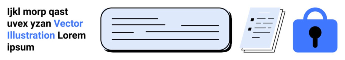 Digital documents with blue security lock icon, document list, and highlighted text. Ideal for digital security, document management, data protection, online services, secure communication