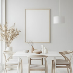 Fototapeta premium White wall with poster mockup, dining room interior design