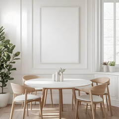 White wall with poster mockup, dining room interior design