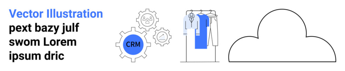 Graphic elements include CRM gear icon, clothing on a rack, and a cloud outline, along with placeholder text. Ideal for branding, technology, fashion, cloud computing, data management content