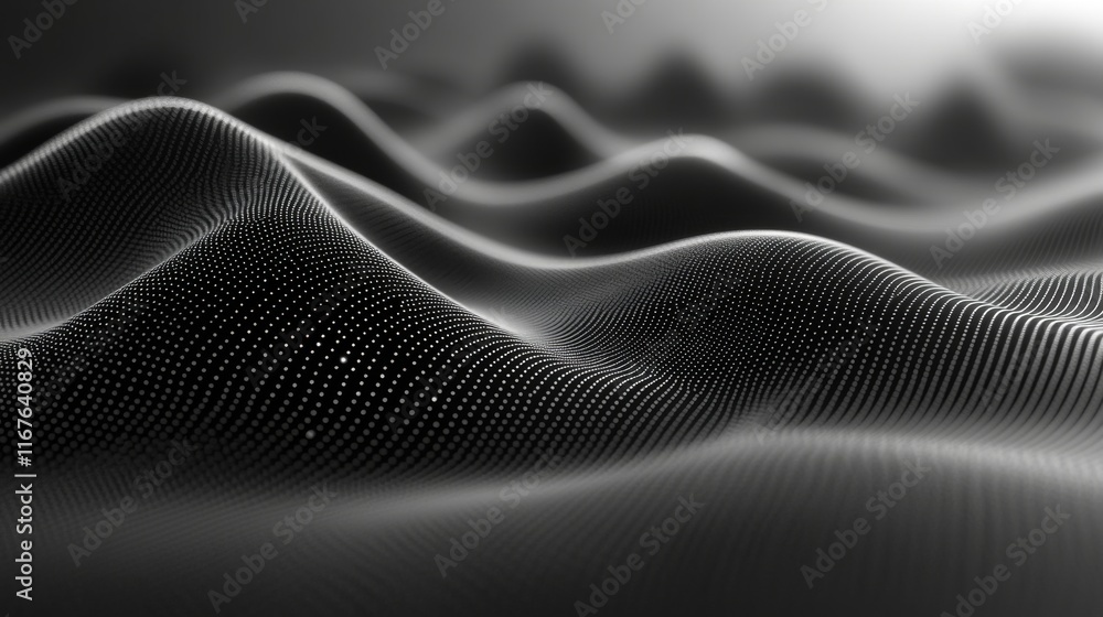 Sticker Abstract grayscale digital landscape, undulating waves of data points creating a 3D effect.  Modern technology and digital art concept.