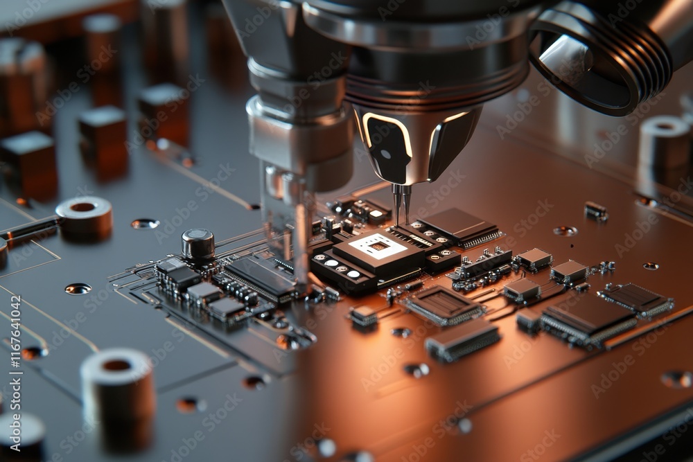 Aufkleber precision soldering on a circuit board with advanced equipment in a tech laboratory
