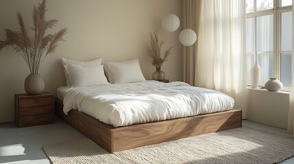 Minimalist Bedroom Featuring Wooden Platform Bed and Natural Decor