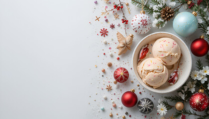 A flat lay image featuring ice cream and Christmas ornaments against a white backdrop. Winter blend of ice cream and holiday decorations. Banner featuring an area for text.
