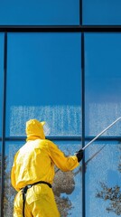 A worker in a yellow rain suit meticulously cleans large glass windows of a contemporary building. The bright sun enhances the clarity and shimmer of the freshly cleaned surfaces