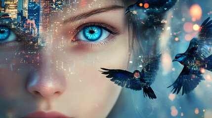 A girl with blue eyes and birds. In the background is an abstract cityscape, home decor, garden supplies, fashion and accessories, health and wellness, symbolizing natural ingredients and products