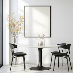 White wall with poster mockup, dining room interior design