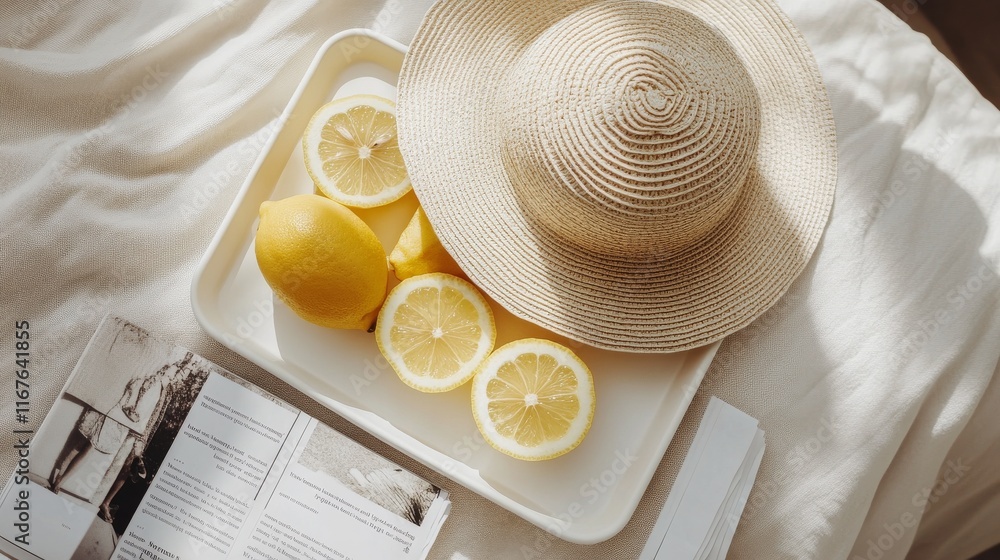 Poster sunshine vibes with a straw hat and fresh lemon slices on a stylish table