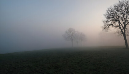 Bare trees disappearing into the fog on a cold winter morning