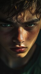 Fototapeta premium A young boy gazes intensely with focused eyes and defined features, his face partially illuminated by soft light, highlighting his strong expression and mood