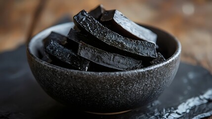 A bowl of black food is on a wooden table