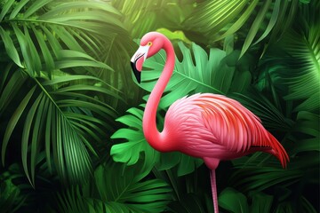 Fototapeta premium Colorful flamingo standing gracefully among tropical green leaves in a serene natural environment