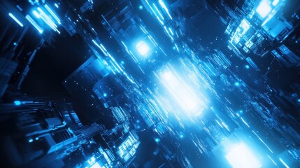 Abstract blue digital data stream, glowing lines and futuristic technology background.