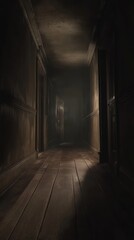 A long, dimly lit hallway stretches into darkness, featuring aged wooden floors and shadowy doorways on either side, evoking a sense of mystery and unease