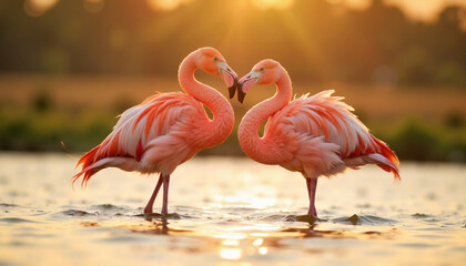 Fototapeta premium Intimate flamingo love dance at twilight, nature's romance