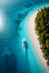 Aerial View of Luxurious Yacht Sailing Tropical Beach