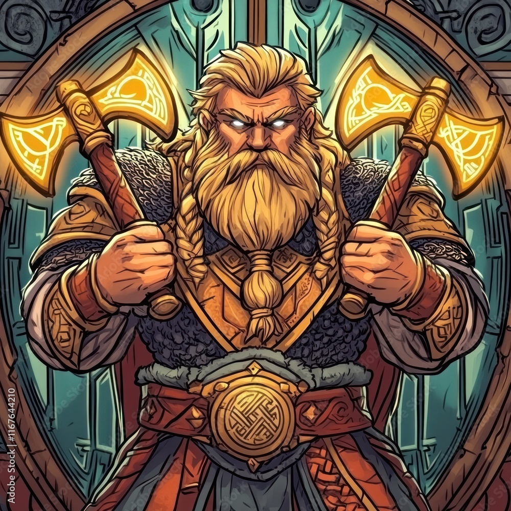 Wall mural A strong, bearded warrior holds two glowing axes, set against an ornate backdrop.